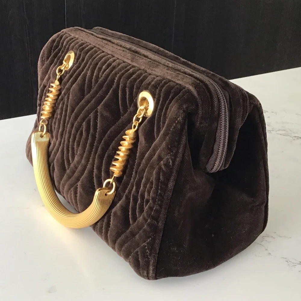 FENDI rare vintage handbag brown quilted velvet with gold handles - Picture 5 of 16
